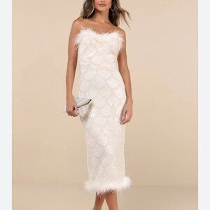 New Lulus Cream Lace Feather Strapless Midi